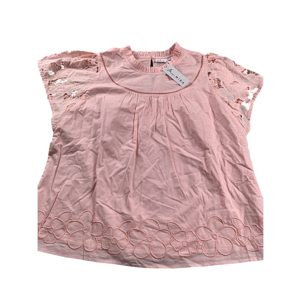Mira Blouse Womens Large Pink Eyelet Floral Top 100% Cotton Embroidered Lace NWT